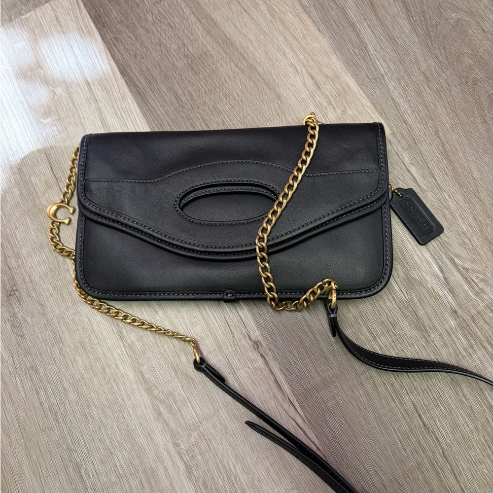 Coach Black Leather Clutch with Gold Chain